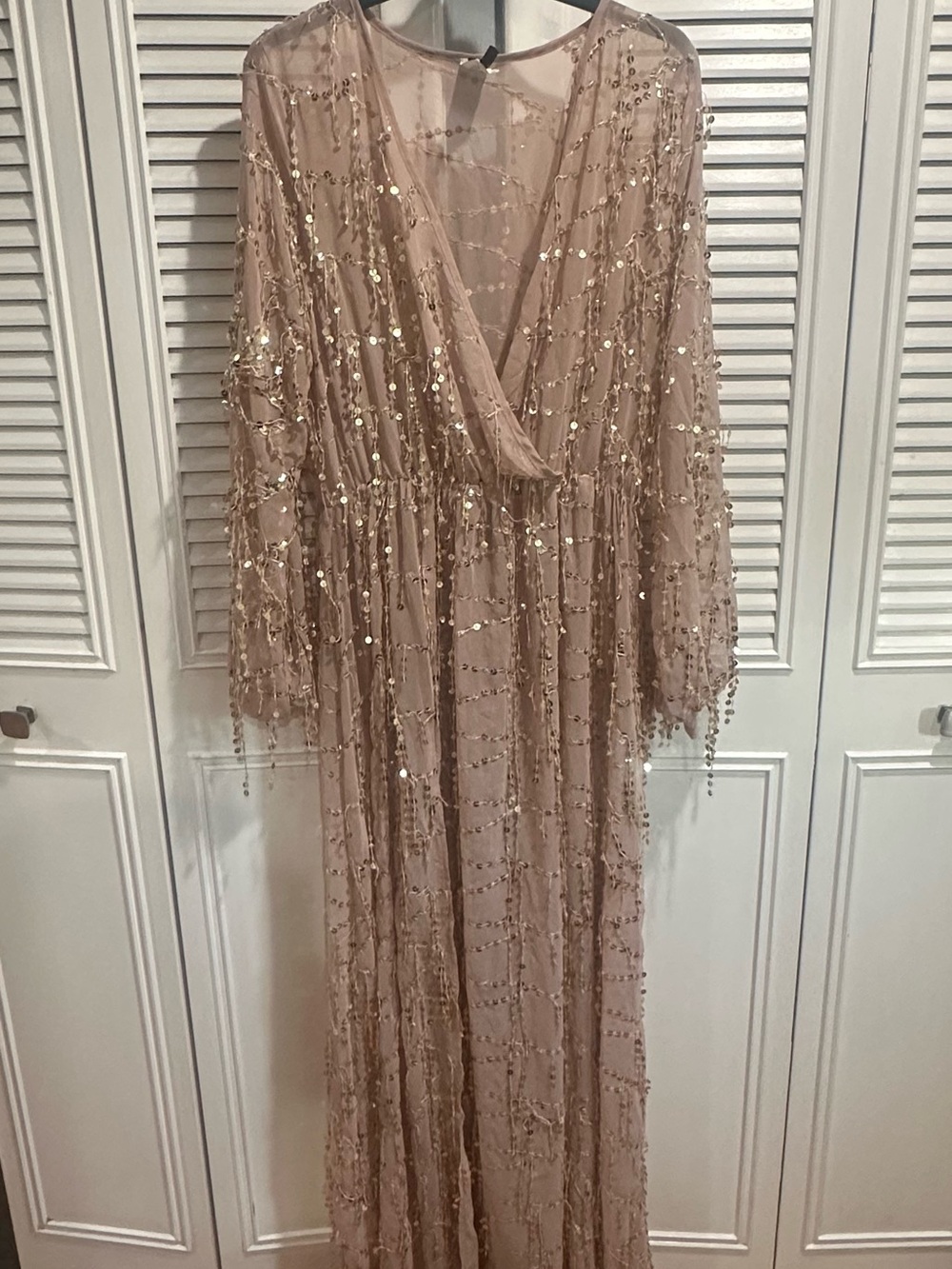 Beaded Long Sleeve Maxi Dress in Blush